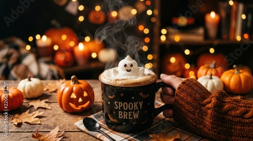 Hot coffee mug with ghost marshmallow for halloween party