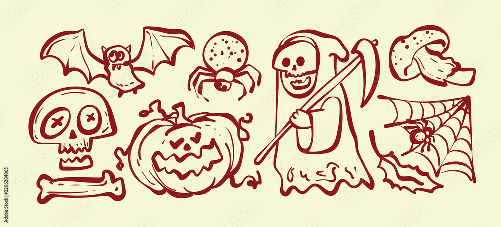 Fototapeta premium Spooky Halloween reaper and creepy creatures line art doodle set isolated vector