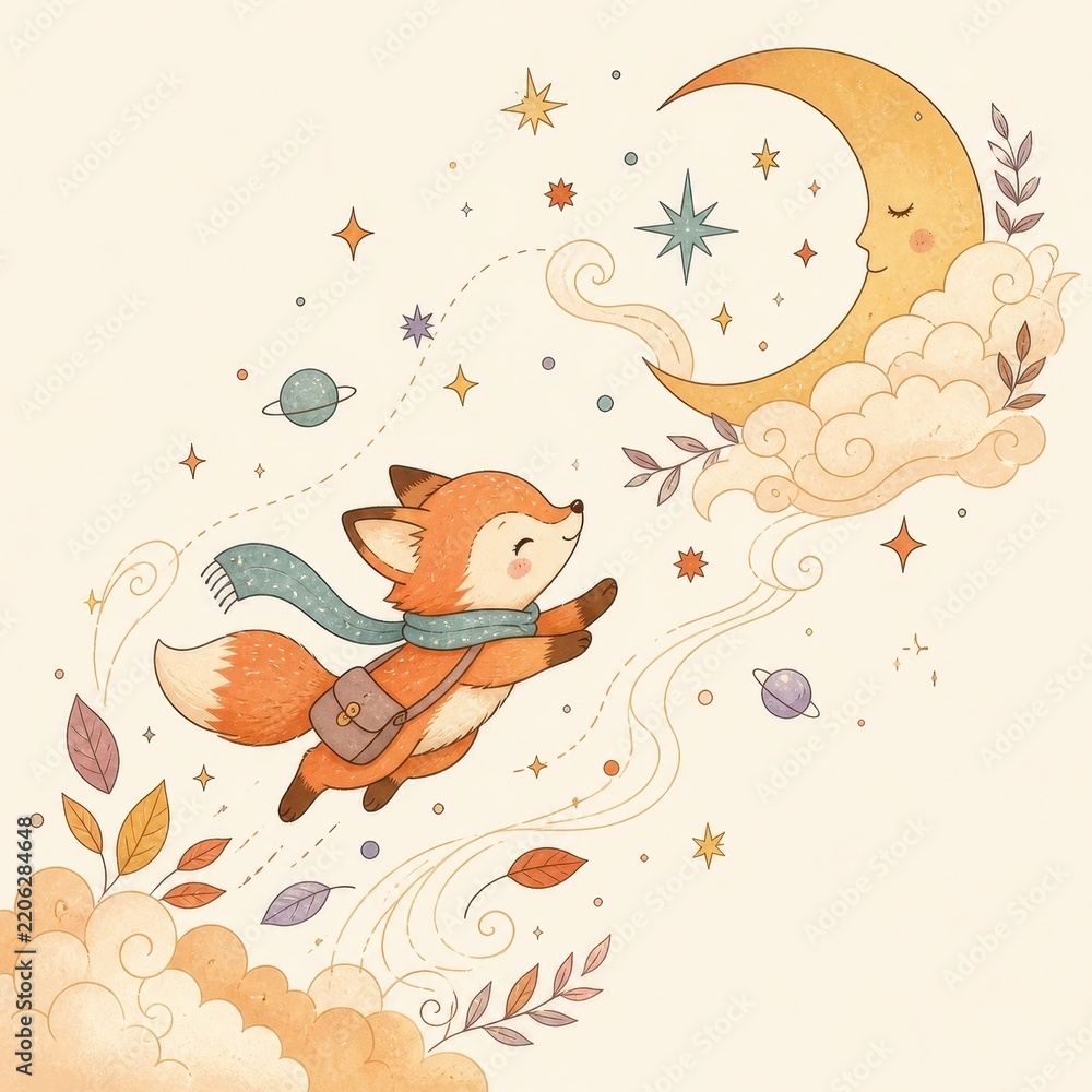 Fototapeta premium Cute fox flying toward moon among stars and clouds