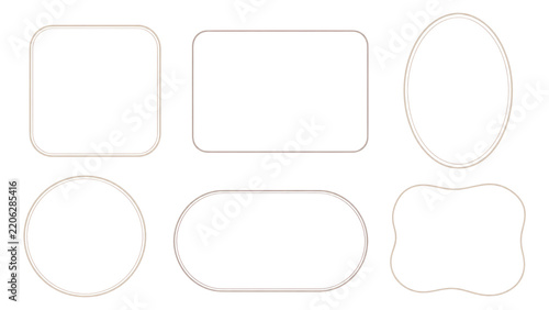 Six thin beige outline label frames including rounded square, rounded rectangle, oval, circle, capsule and decorative scalloped shape on a transparent background