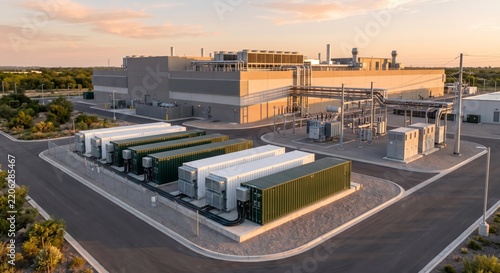 Modern energy storage battery containers stabilizing power in industrial data center campus at golden hour