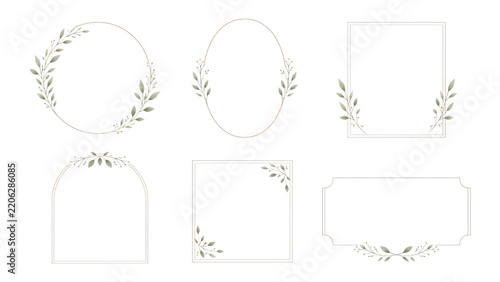 Set of six minimalist botanical frames and labels with thin gold outlines and olive-green leaf accents, perfect for invitations, stationery, and greeting cards