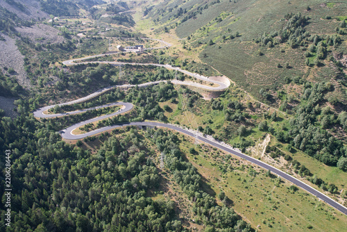 Winding hairpins of the Bonaigua mountain pass road in Pallars Sobirà, Catalonia, Spain.