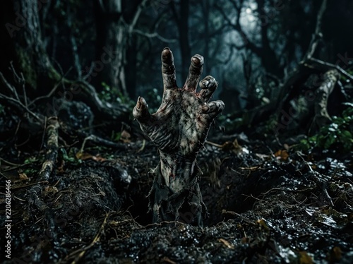 Scary zombie hand rising from the ground in dark forest