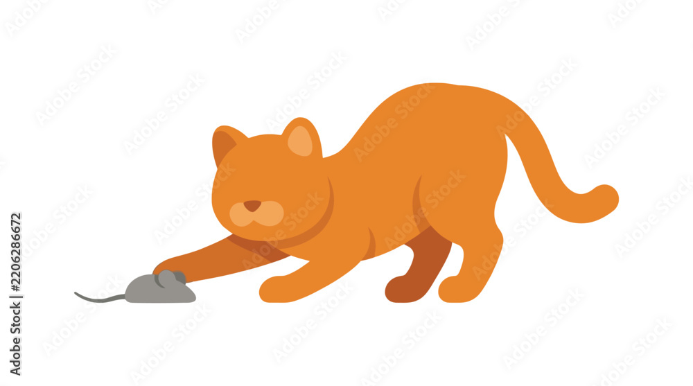Obraz premium Orange cat stalking a gray mouse flat vector illustration