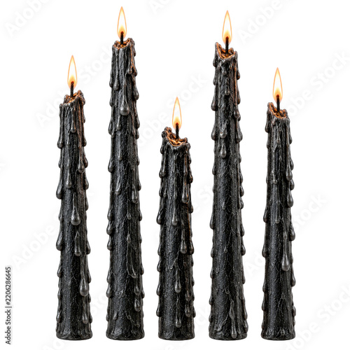 Burning Black Taper Candle Set Isolated White