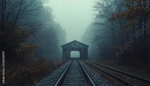 Old wooden train station building on tracks in a foggy forest