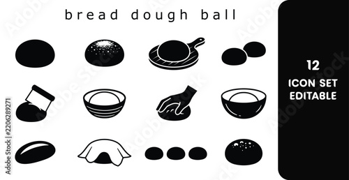 Bread dough ball preparation icon set for culinary and baking design projects