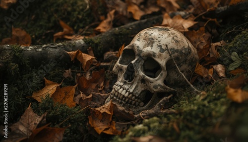 Human skull resting on forest floor amidst autumn leaves