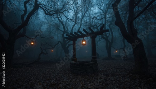 Stone well with glowing lanterns in a dark foggy forest
