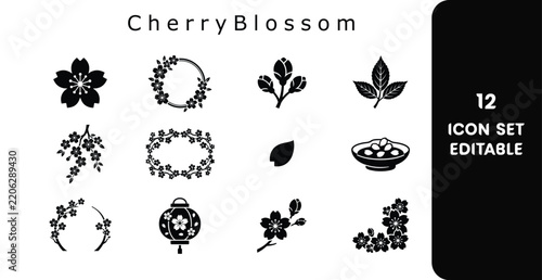 Cherry blossom icons set featuring floral wreaths and leaves for spring celebration designs with editable vector elements