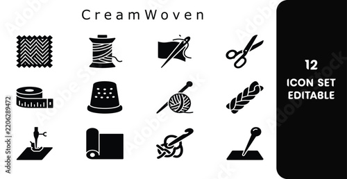Editable knitting crochet sewing icon set for crafting and textile design projects