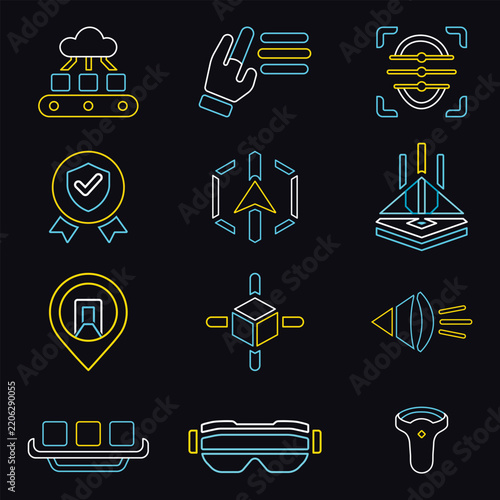 Premium Cloud Distribution Logistics And Advanced Augmented Reality VR Tech Interface Line Vector Icon Bundle Set
