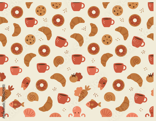 Bakery and Coffee Seamless Pattern with Croissant, Donut, and Cup Vector Illustration