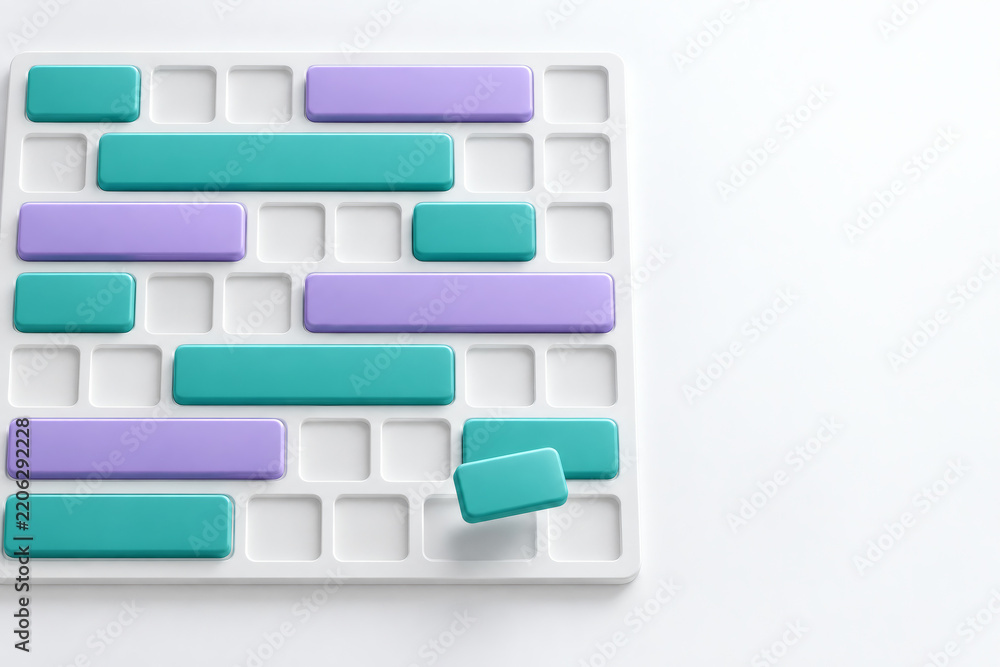 Fototapeta premium Top-down view of a staff scheduling grid with teal and lilac shift blocks sliding into place