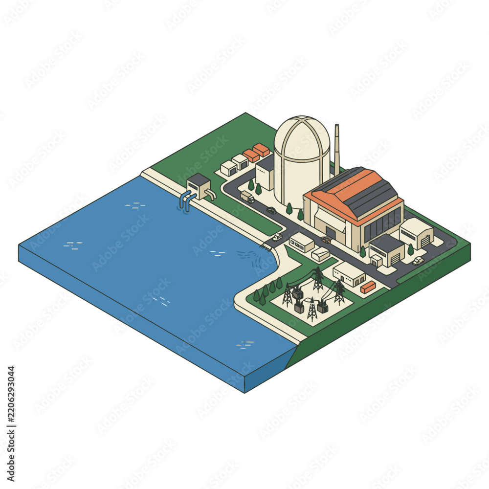 Obraz premium Dynamic Isometric of Nuclear Power Plant with Cooling Pond and Workers in Foreground with high quality professional line art symbols for modern creative design and digital branding projects