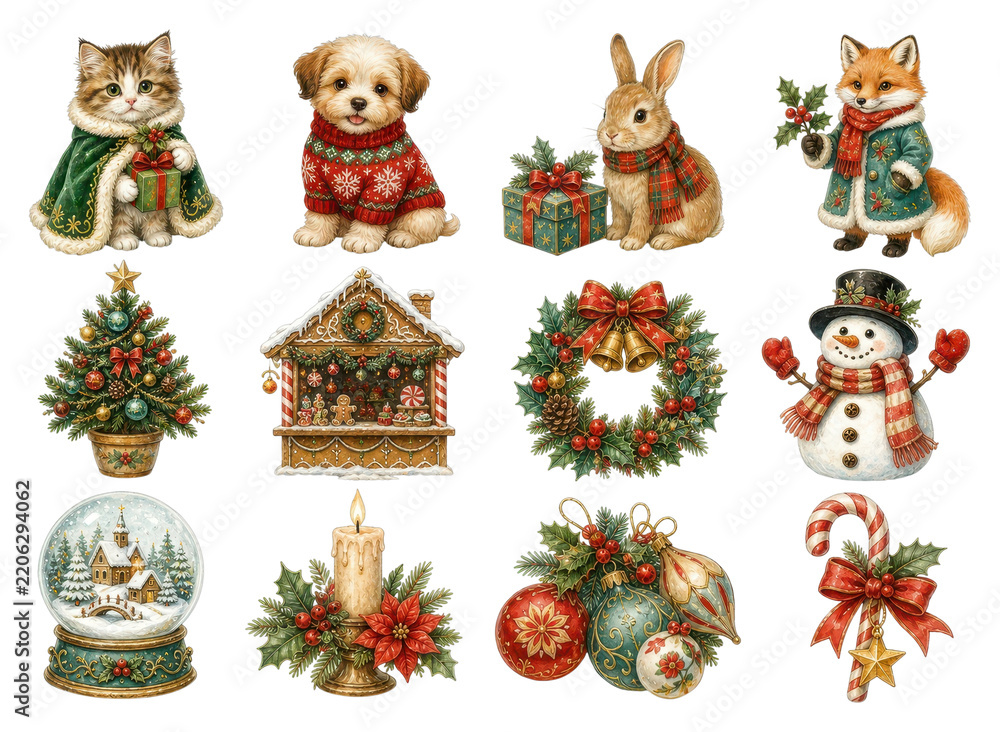 Obraz premium PNG Festive Christmas clipart set with cute animals and holiday decor