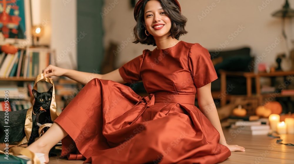 Obraz premium A young witch in a burgundy dress smiles playfully at her black cat in a cozy, candlelit living room. Warm Halloween decor and magical charm fill the autumn atmosphere.