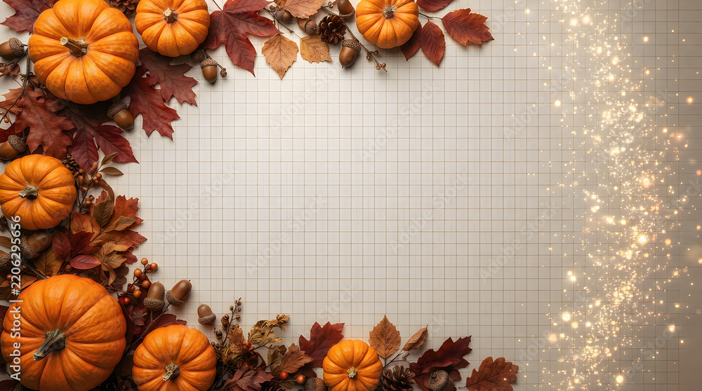 Fototapeta premium Small orange pumpkins and autumn leaves forming a frame on a gray background