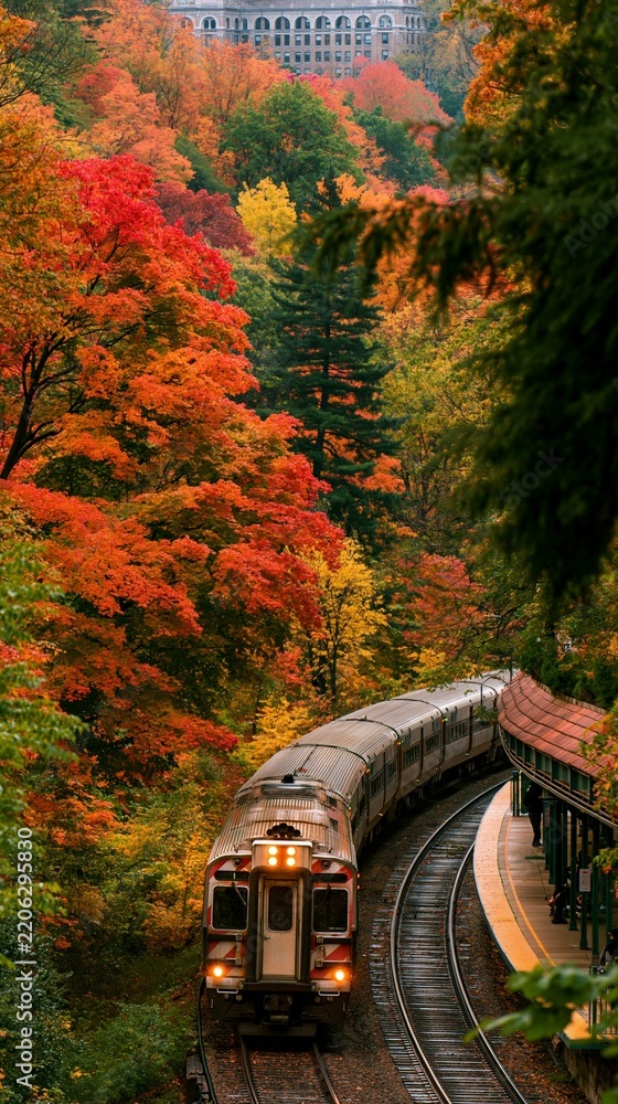 Obraz premium a train traveling through a lush forest during autumn. The train, with its lights on, is the main subject. The forest is a tapestry of vibrant red, orange, yellow, and green.