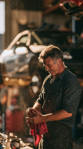 Mechanic Wiping Hands in Garage: A middle-aged mechanic, covered in grime, wipes his hands with a red rag in a dimly lit garage, with a car hoisted up in the background.
