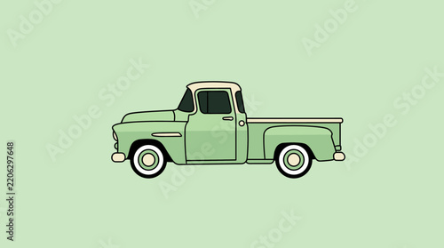 Vintage classic pickup truck illustration in a minimalist flat style, featuring a sage green body with a cream roof and whitewall tires, side profile view on a solid light green background.
