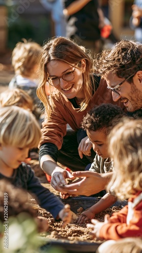 a family of four, a man, a woman, and two young children, engaged in a playful activity. The woman, wearing glasses and a brown shirt, smiles as she interacts with the children. The man.