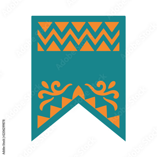 Teal and orange decorative banner with geometric and swirl patterns