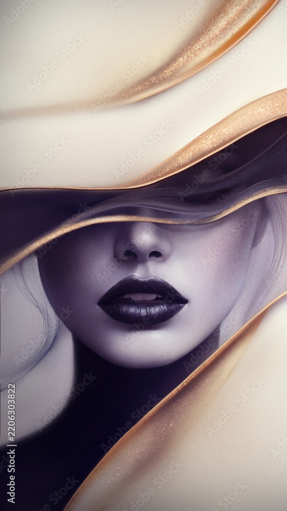 Fototapeta premium A stylized, fashionable design featuring a girl’s face with abstraction and a shimmering, textured pattern
