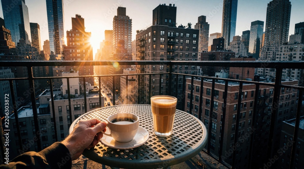 Fototapeta premium First person view of person holding cup of hot coffee on apartment balcony. Morning sun rises over New York City skyline. Urban landscape with skyscrapers, buildings visible from high floor terrace.