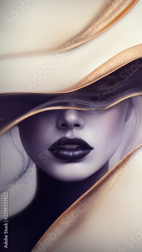 A stylized, fashionable design featuring a girl’s face with abstraction and a shimmering, textured pattern
