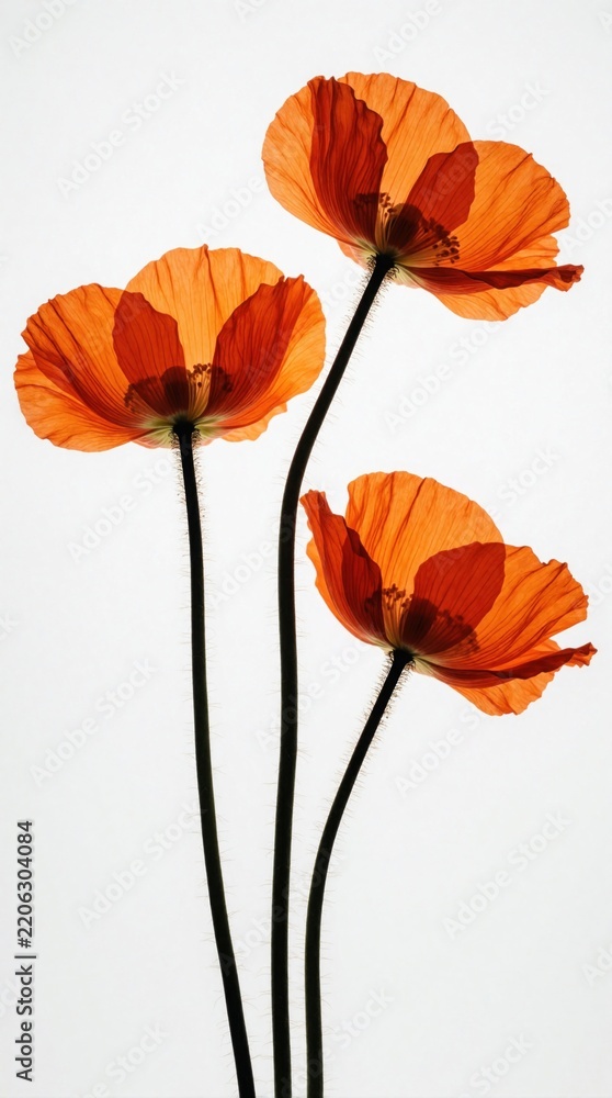 Fototapeta premium Three orange poppy flowers bloom against white background. X-ray style image shows translucent petals, delicate floral anatomy. Bright summer wildflowers with long thin stems create minimal botanical