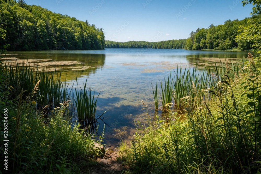 Obraz premium Scenic view of calm lake from hiking trail in Ontario forest. Green trees surround blue water with reeds, aquatic plants. Sunny summer day landscape with clear sky, peaceful nature scenery for