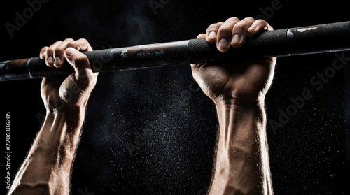 Close up of muscular male hands gripping metal pull up bar with white chalk dust. Athlete performs calisthenics training in dark gym. Strong arms show intense effort, strength, determination during