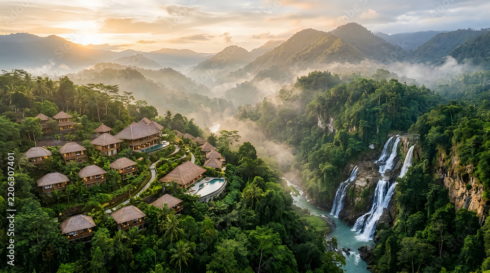 Obraz premium Tropical resort sits near a scenic waterfall in a lush mountain valley.