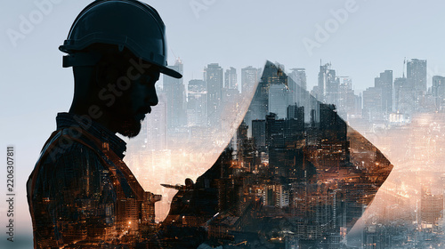 Engineer silhouette with blueprint and modern city skyline double exposure