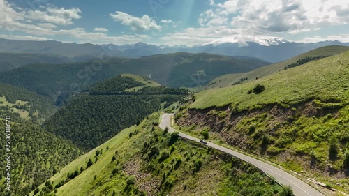 Aerial view of a mountain road; landscape and nature of the North Caucasus.