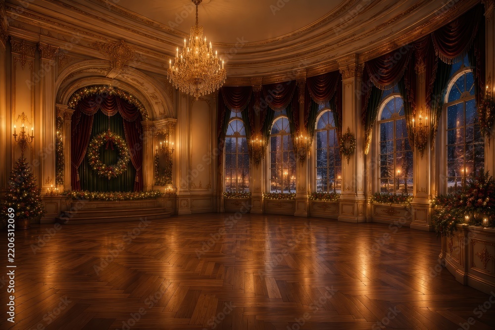 Obraz premium Elegant Christmas ballroom with chandelier, wreath, festive trees