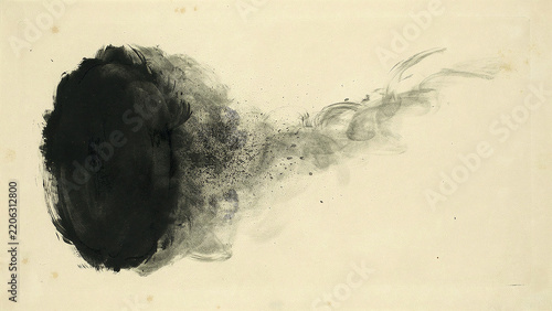 Abstract black ink brushstroke with smoky trail on cream background
