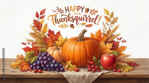 A festive thanksgiving scene pumpkins autumn leaves and a happy 'thanksqueered' greeting