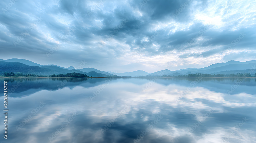 Fototapeta premium Serene landscape featuring calm blue water reflecting dramatic cloudy sky above distant layered mountain ranges during daytime