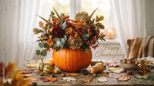 A beautiful autumn floral arrangement centered in a vibrant orange pumpkin for thanksgiving celebrations