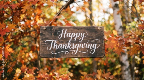 A beautiful autumnal thanksgiving scene with vibrant foliage and a heartfelt celebratory message