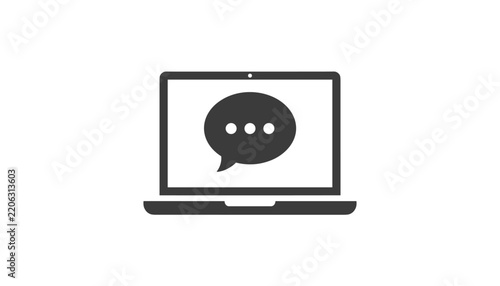 Laptop screen displaying speech bubble icon represents online chat, customer support, and digital communication services.