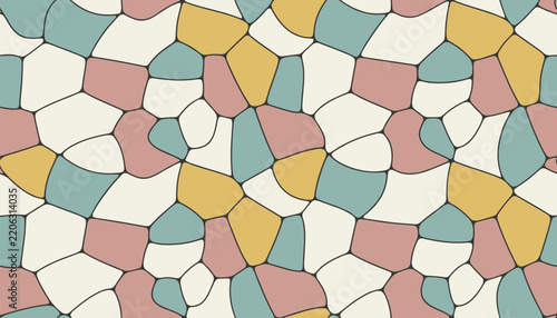 Seamless abstract stone mosaic pattern in pastel shades of yellow, blue, and pink for decorative designs.
