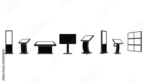 Detailed silhouettes of various interactive digital kiosks, information terminals, and display stands in a row.