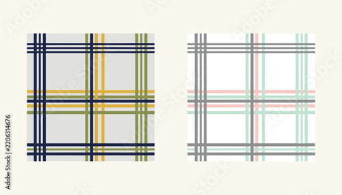 Two colorful plaid seamless fabric pattern swatches featuring thin intersecting stripes on light cream backgrounds.