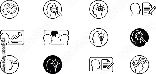 Set of black line icons representing thinking ideas and communication concepts on a white background