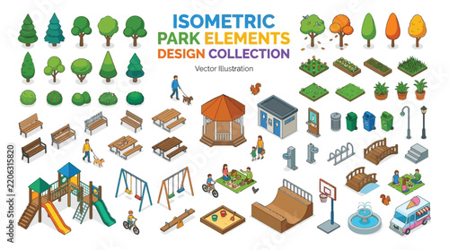 Isometric park elements vector illustration with trees benches and play equipment
