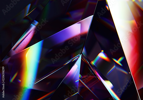 Abstract geometric crystal prisms refracting vivid light into colorful rainbow beams on a dark background with prism light beam multi colored